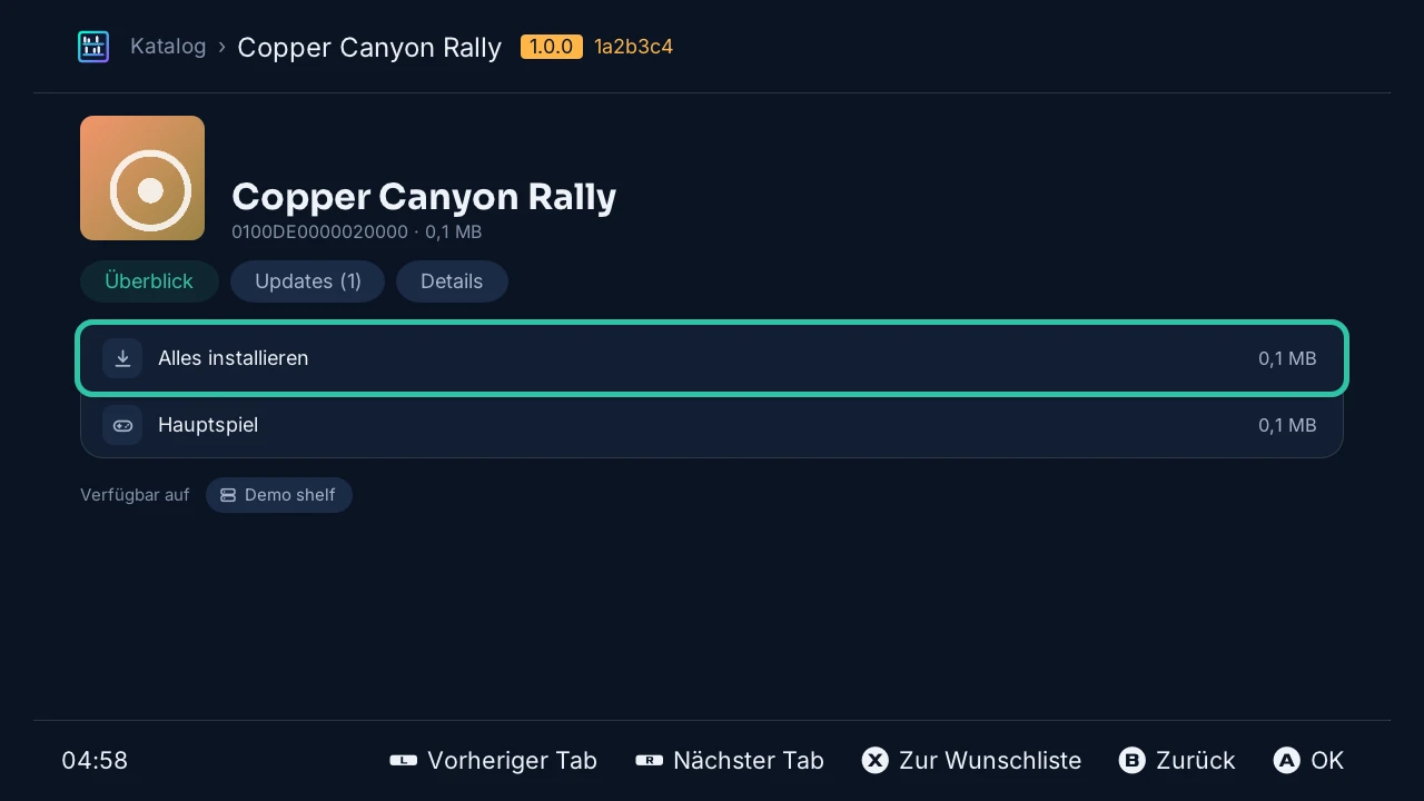 Die Seite eines Spiels: Alles installieren, dann das Hauptspiel und sein Update, jeweils mit Größe