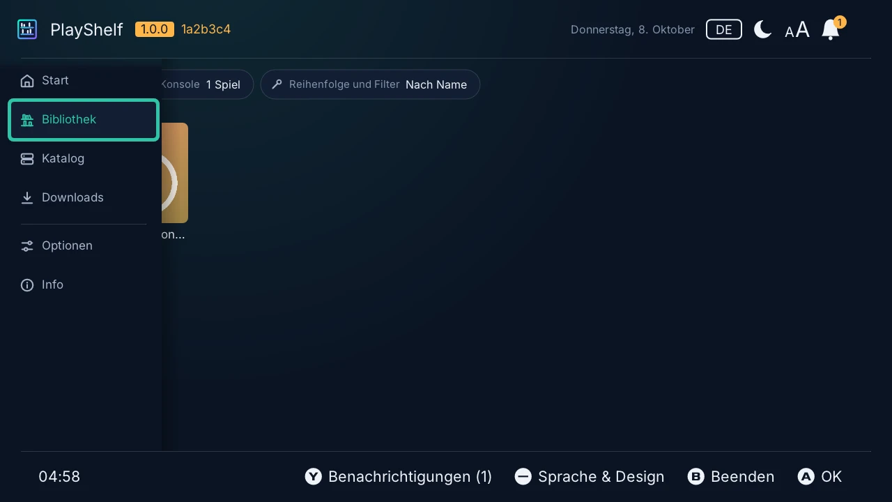 Bibliothek: das auf der Konsole installierte Spiel mit seiner Version