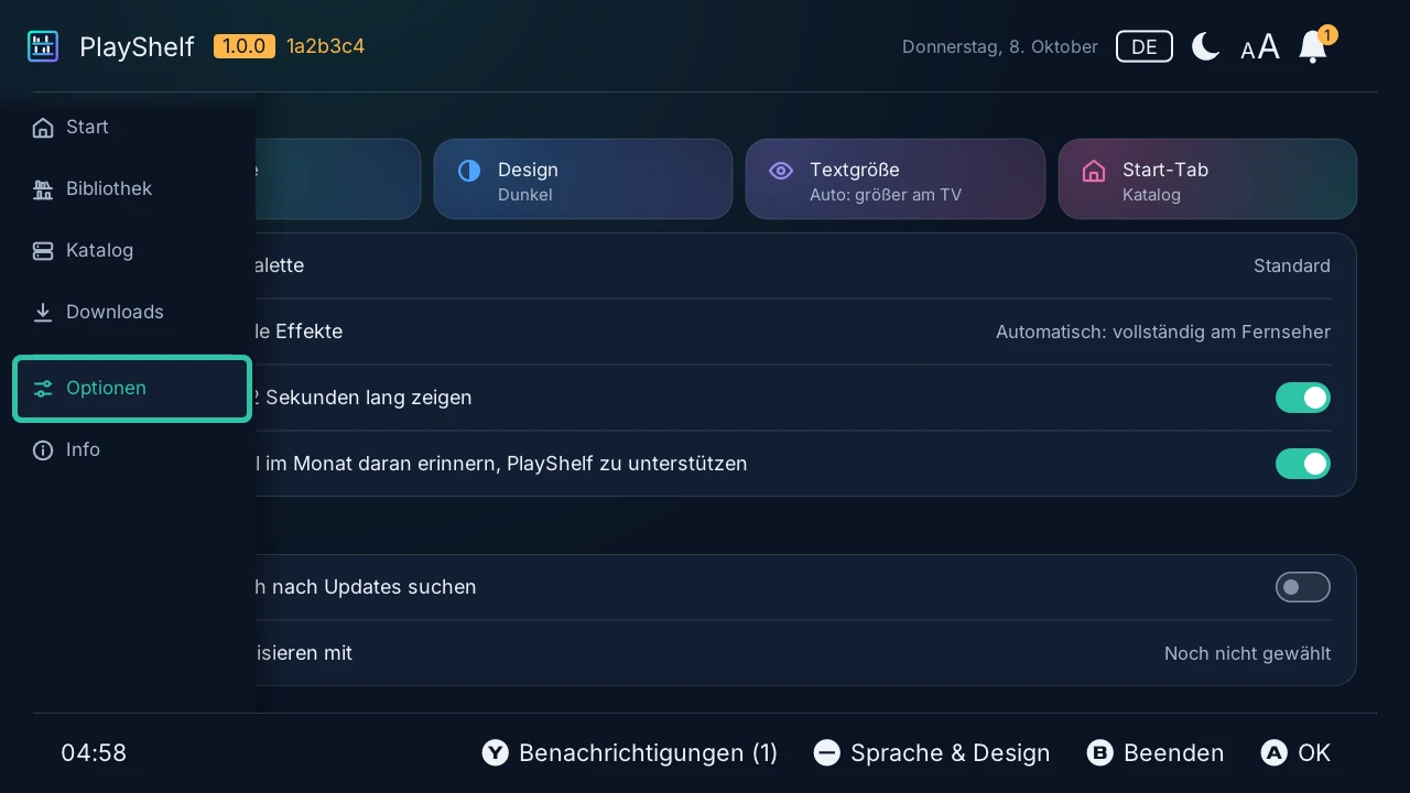 Optionen: Sprache, Design, Textgröße, der Tab, mit dem PlayShelf öffnet, dann die Updates und die Titeldatenbank