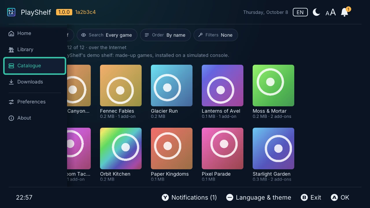 Catalogue: the demo server's games as covers, with their size and add-ons, under the server, the search and the order