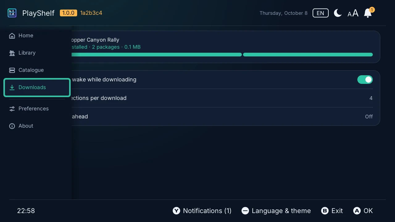 Downloads: a game installed, its two packages done, then the downloads' settings