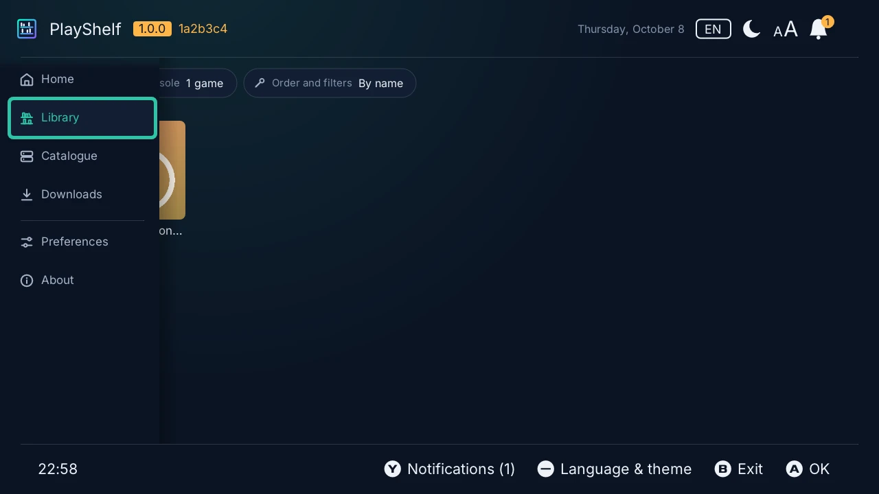 Library: the game installed on the console, with its version