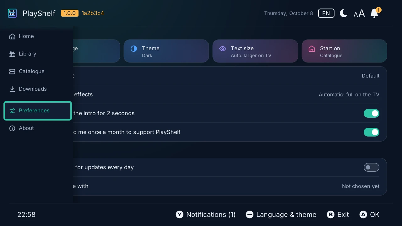 Preferences: the language, the theme, the text size, the tab PlayShelf opens on, then updates and the title database