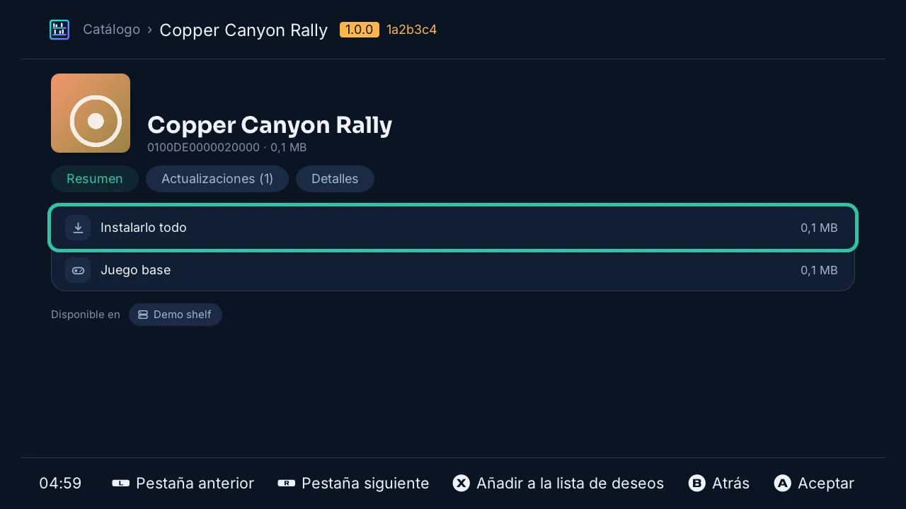 La página de un juego: Instalarlo todo, luego su juego base y su actualización, cada uno con su tamaño