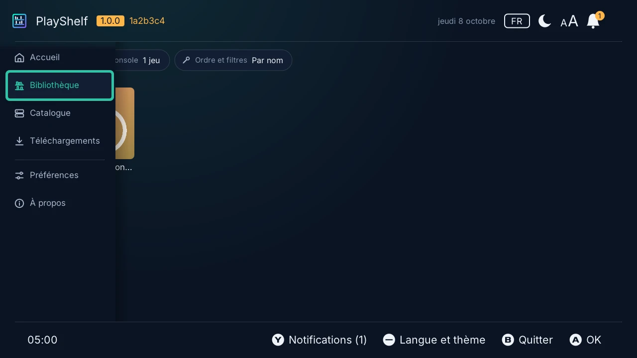 Bibliothèque : le jeu installé sur la console, avec sa version