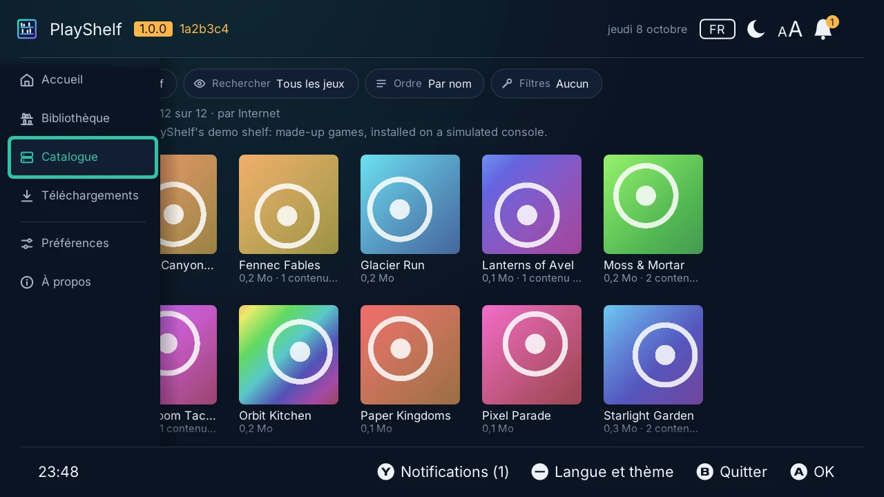 Catalogue : les jeux du serveur de démonstration en jaquettes, avec leur taille et leurs contenus additionnels, sous le serveur, la recherche et l'ordre