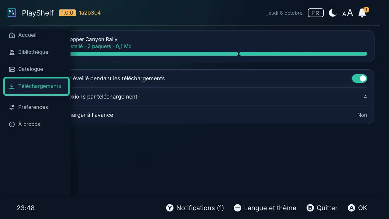 Téléchargements : un jeu installé, ses deux paquets terminés, puis les réglages des téléchargements