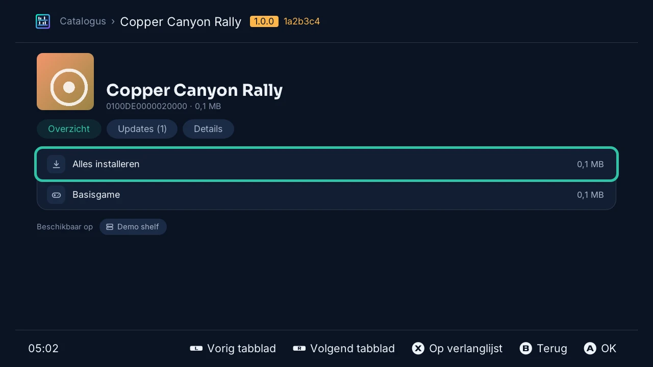 De pagina van een game: Alles installeren, dan de basisgame en zijn update, elk met zijn grootte