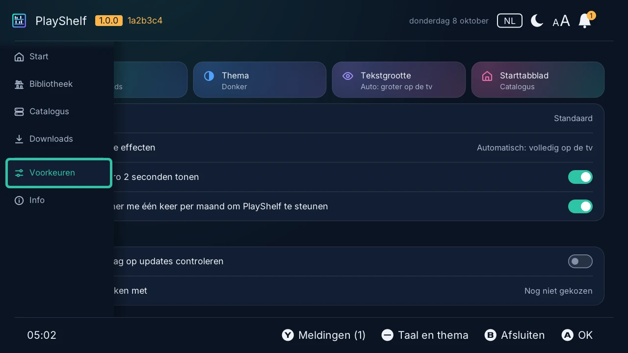Voorkeuren: de taal, het thema, de tekstgrootte, het tabblad waarmee PlayShelf opent, dan de updates en de titeldatabase