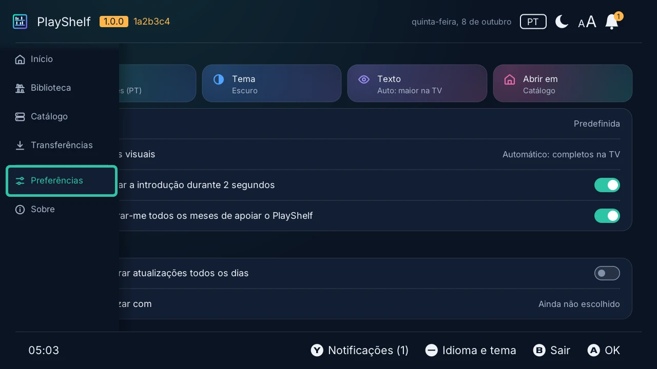 Preferências: o idioma, o tema, o tamanho do texto, o separador com que o PlayShelf abre, depois as atualizações e a base de dados de títulos